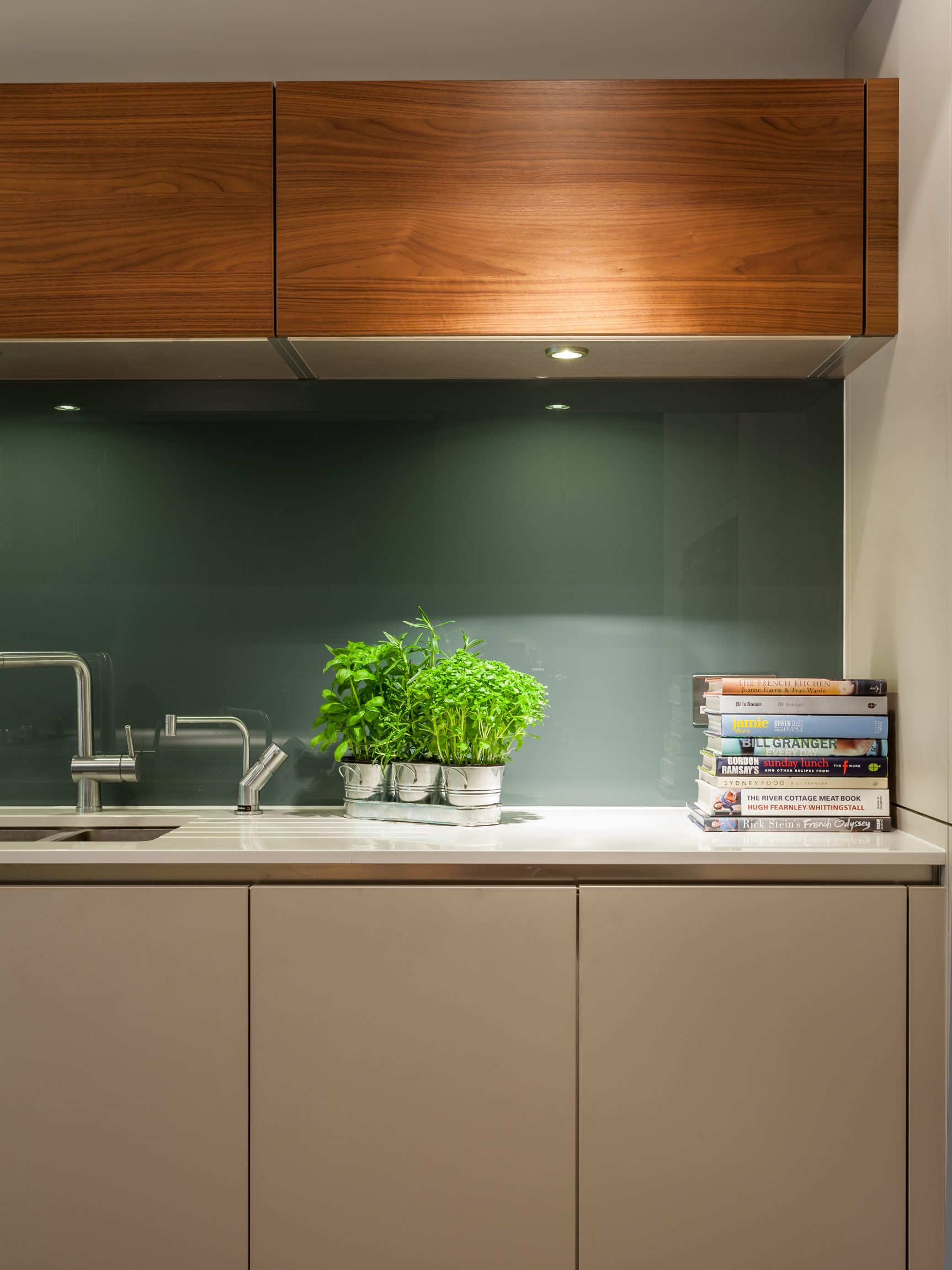 Contemporary kitchen with painted glass splashback, walnut cabinets, and built-in lighting by Casey & Fox.